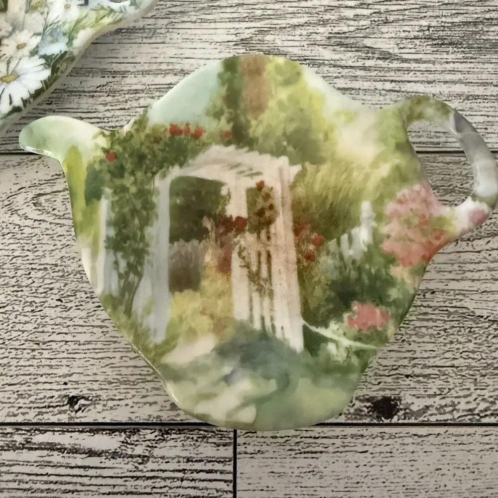 Set Of 2 Vintage Tea Bag Holders Flower Garden Scene Melamine Made In Italy